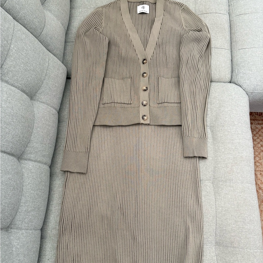 Anine Bing Olive Ribbed Pencil Skirt Set Top M Bottom L